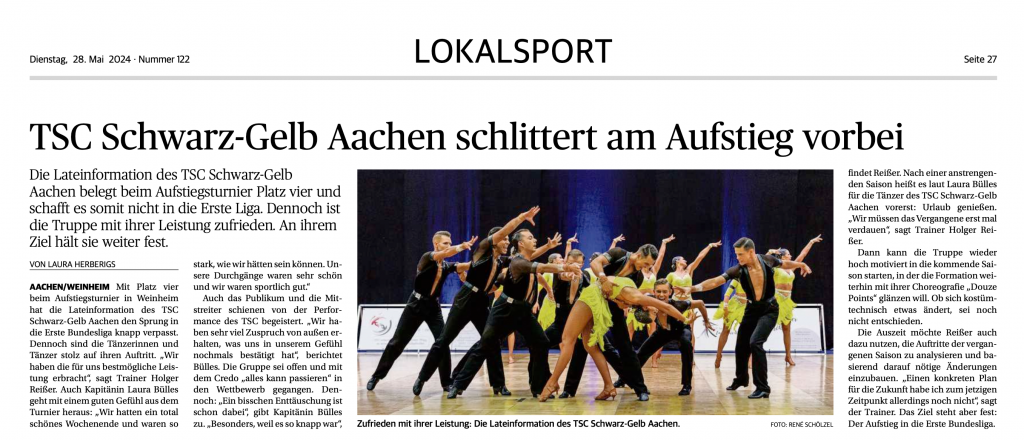 Presseartikel der Aachener Zeitung vom 27.05.2024 zum Aufstiegsturnier in Weinheim